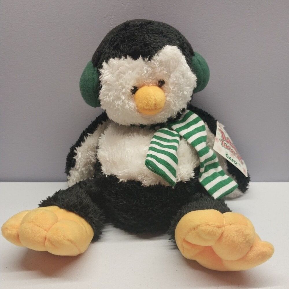 Ganz Tubby Tummies Penguin Plush 13" Bean Bag Green Earmuffs Scarf NOS HX7555
